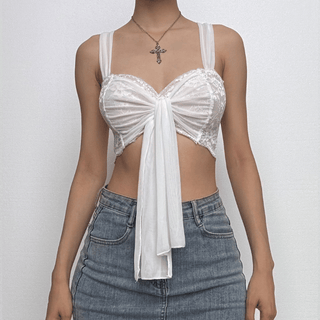 Lace mesh patchwork knotted crop cami top