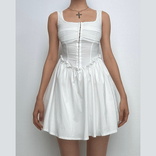Button ruffle square neck ruched bustier tank mini dress-final-sale