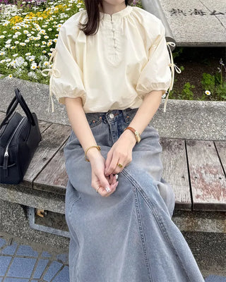 (ORIGINAL) Henley Neck Ribbon Balloon Blouse