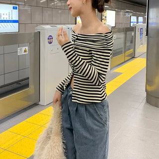 Striped button-down off-shoulder T-shirt