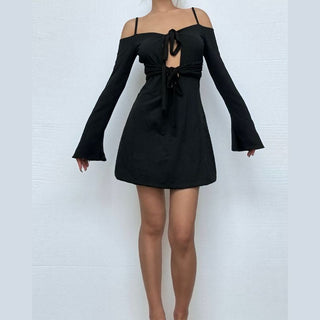 Off shoulder long flared sleeve hollow out self tie cut out mini dress