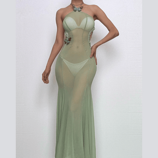 Halter sheer mesh butterfly applique backless maxi dress