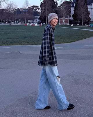 Distressed wide-leg denim