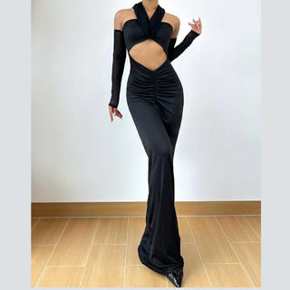 Long sleeve hollow out ruched mesh cut out maxi dress