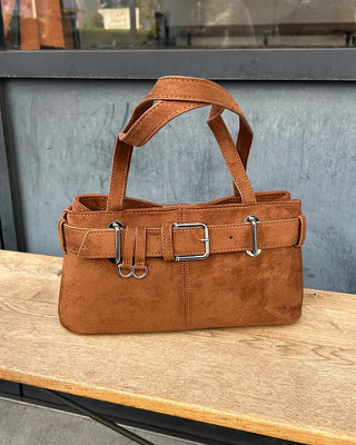Suede buckle shoulder bag