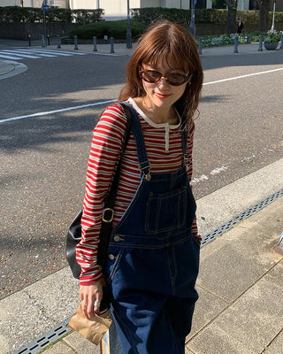 Striped Henley Neck Long T-Shirt