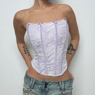 Bowknot lace corset lace up tube top