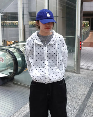 Loose-fit polka dot hooded zip-up