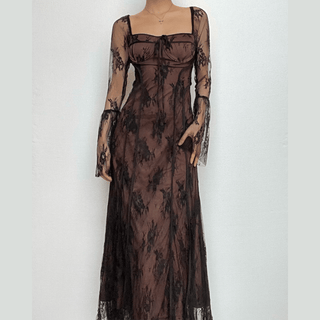 Long flared sleeve contrast zip-up lace self tie maxi dress-final-sale