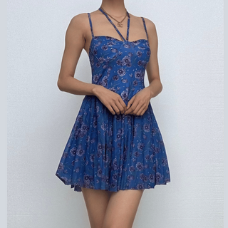 Halter sweetheart neck flower print mesh cami mini dress