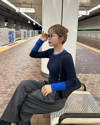 Color-layered button-up long-sleeve T-shirt