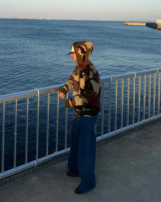 Camouflage knit hooded zip-up