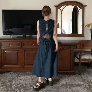 Back Shirred Open Denim Dress