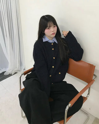Gold Button Square Pocket Ribbed Cardigan