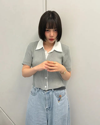Shirt-style short-sleeved cardigan