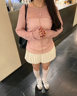 Ribbon sheer long-sleeve T-shirt