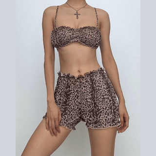 Leopard print ruffle ruched crop chiffon cami pant set