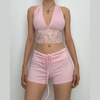 Halter lace hem drawstring ribbed crop pant set