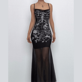 U neck skull print mesh backless cami maxi dress