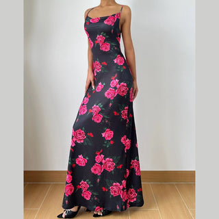 Flower print lace up backless maxi dress