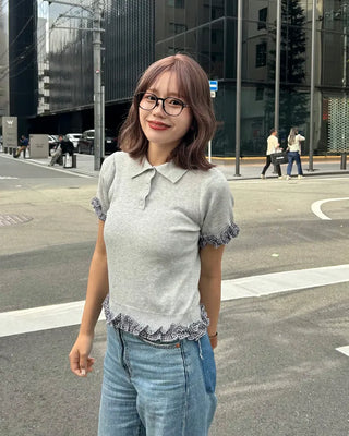 Checked frill detail short-sleeved knit