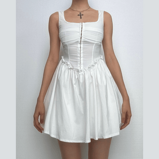 Button ruffle square neck ruched bustier tank mini dress