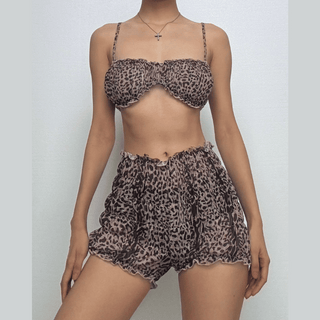 Leopard print ruffle ruched crop chiffon cami pant set