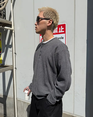 Shell Button Waffle Henley Neck T-Shirt