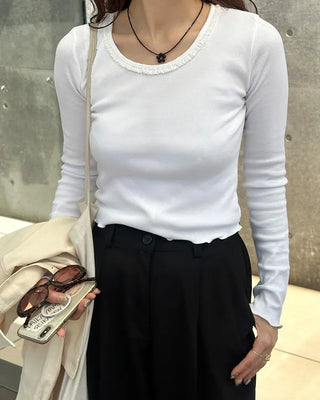Lace neck long-sleeve T-shirt
