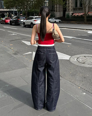 Contrast stitched curved denim wide pants