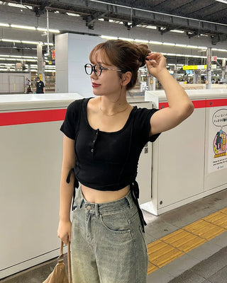 Side Shirring Button Half Sleeve T-Shirt