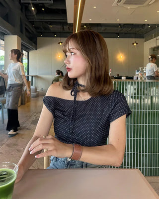 Boat neck polka dot ribbon blouse