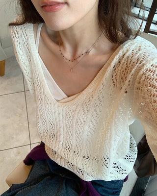 V-neck perforated knit