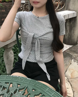 Polka Dot Ribbon Tie Short Sleeve Shirt