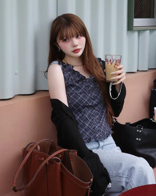 Checked Shirred Short Sleeve Blouse