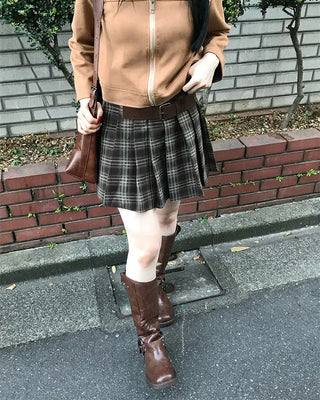 Square belt check pleated mini skirt