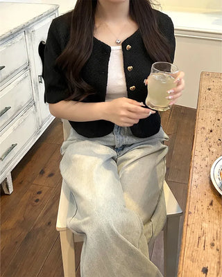 Heart gold button short-sleeved tweed jacket