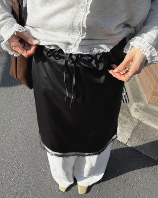 Lace hem satin midi skirt