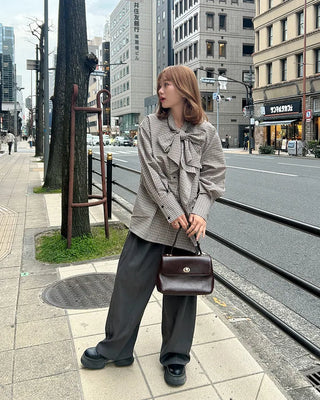 Checked ribbon tie blouse