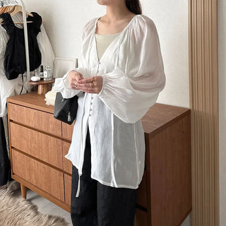 Deep V-neck sheer blouse