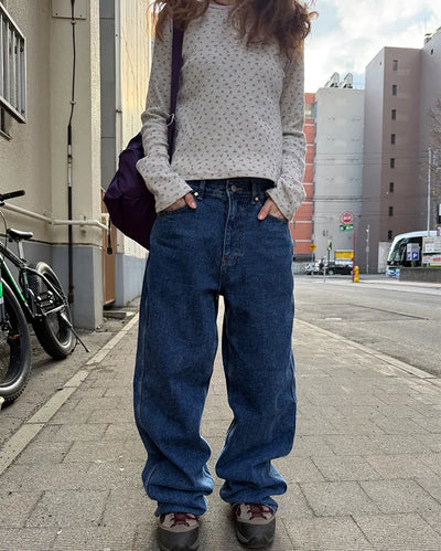 Semi-wide denim pants