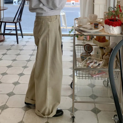 [Belt set] Wide pleated denim pants