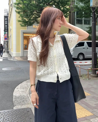 Perforated knit polo cardigan