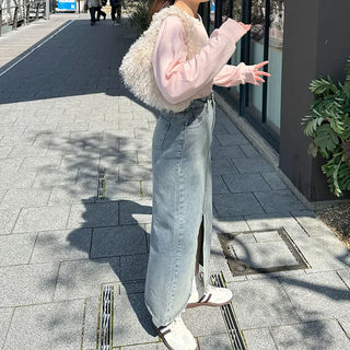 Slit Washed Denim Long Skirt
