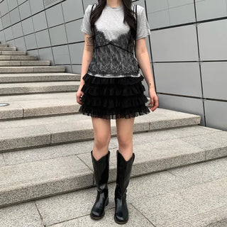 [Pants-style lining] Chiffon tiered mini skirt