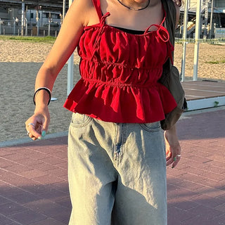 Ribbon detail shirred camisole