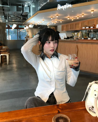Checked two-tone gathered neck shirt