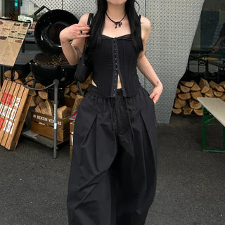 Unisex wide-leg elastic waist pants with two pleats