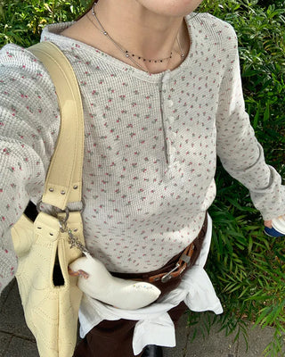 Flower Henley Neck Long T-Shirt