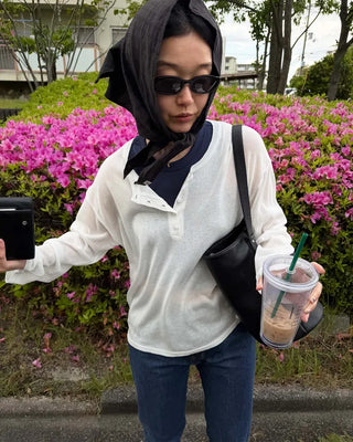 Henley neck sheer knit